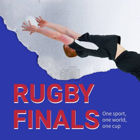 Photo for Rugby finals text in red on blue and white with caucasian male rugby player jumping to catch ball. Sports league games promotion, one sport, one world, one cup campaign, digitally generated image. - Royalty Free Image