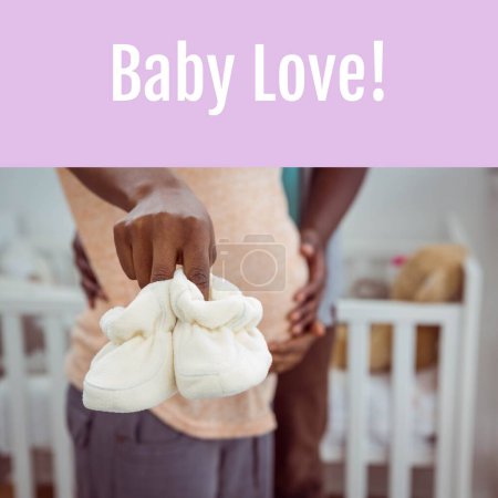 Photo for Composition of baby love text over african american pregnant woman holding booties. New born baby, celebration and congratulation concept digitally generated image. - Royalty Free Image