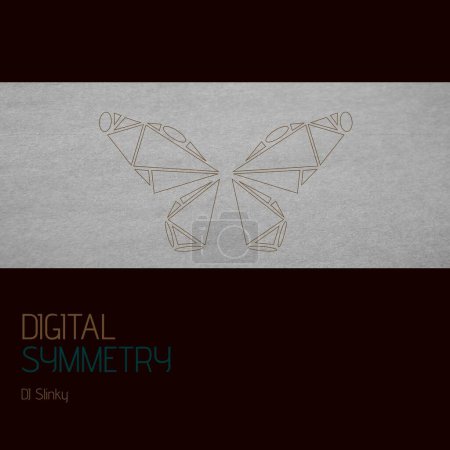 Photo for Composition of dj slinky digital symmetry text over drawing of butterfly on grey background. Symmetry, art, music album cover and design concept digitally generated image. - Royalty Free Image