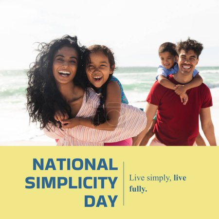 Photo for National simplicity day, live simply text with happy biracial parents piggybacking children on beach. Living simply and fully, promotional lifestyle campaign digitally generated image. - Royalty Free Image