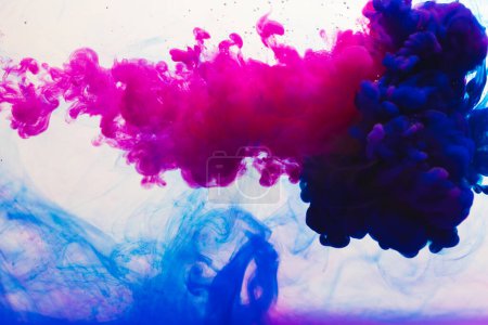 Photo for Close up of blue and pink ink in water with copy space on white background. Ink, liquid, shape and colour concept. - Royalty Free Image