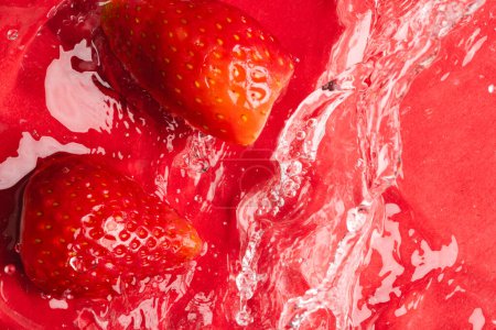 Photo for Close up of strawberries in water with copy space on red background. Fruit, vegan food and colour concept. - Royalty Free Image
