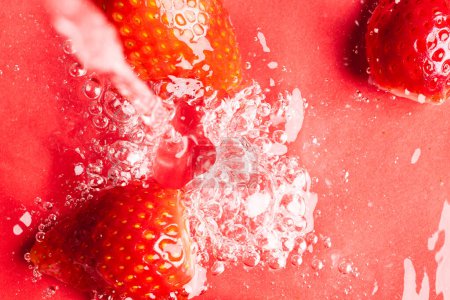 Photo for Close up of strawberries in water with copy space on red background. Fruit, vegan food and colour concept. - Royalty Free Image
