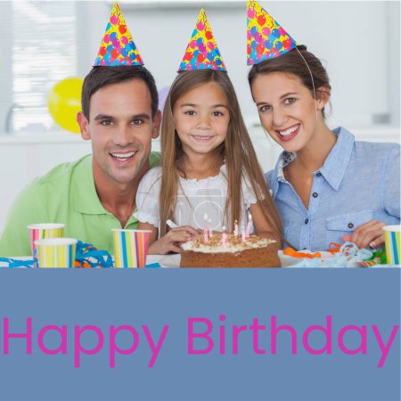 Photo for Composite of happy birthday text over happy biracial family in party hats at birthday party. Party, birthday and celebration concept digitally generated image. - Royalty Free Image