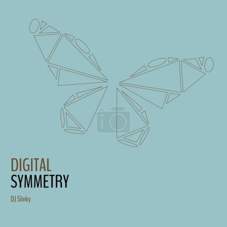 Foto de Composición de dj slinky texto simetría digital sobre el dibujo de la mariposa sobre fondo azul. Simetría, arte, portada del álbum de música y concepto de diseño de imagen generada digitalmente. - Imagen libre de derechos