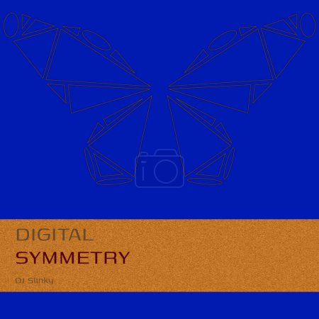 Photo for Composition of dj slinky digital symmetry text over drawing of butterfly on blue background. Symmetry, art, music album cover and design concept digitally generated image. - Royalty Free Image
