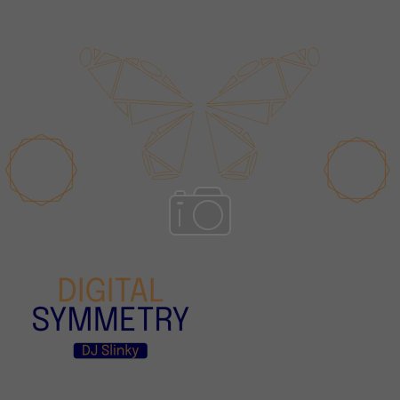 Photo for Composition of dj slinky digital symmetry text over drawing of butterfly on grey background. Symmetry, art, music album cover and design concept digitally generated image. - Royalty Free Image