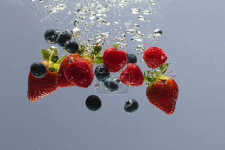 Photo for Close up of berries falling into water with copy space on grey background. Fruit, vegan food and colour concept. - Royalty Free Image