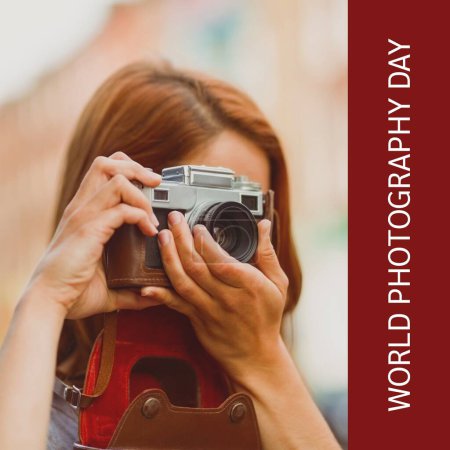 Photo for World photography day text in white on brown over caucasian woman using retro camera. Global celebration of photography campaign, digitally generated image. - Royalty Free Image
