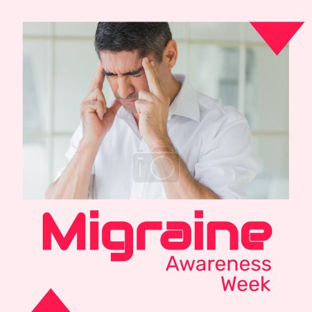 Photo for Migraine awareness week text in red on pink with distressed caucasian man holding temples in pain. Migraine, headaches, medical and health management awareness campaign, digitally generated image. - Royalty Free Image