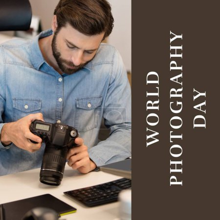 Photo for World photography day text on brown over caucasian man looking at camera back. Global celebration of photography campaign, digitally generated image. - Royalty Free Image