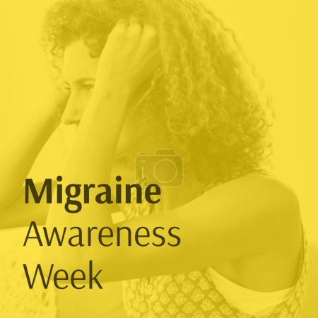 Photo for Migraine awareness week text on yellow with distressed caucasian woman holding head in pain. Migraine, headaches, medical and health management awareness campaign, digitally generated image. - Royalty Free Image