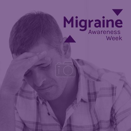 Photo for Migraine awareness week text on purple with distressed caucasian man holding head in pain. Migraine, headaches, medical and health management awareness campaign, digitally generated image. - Royalty Free Image