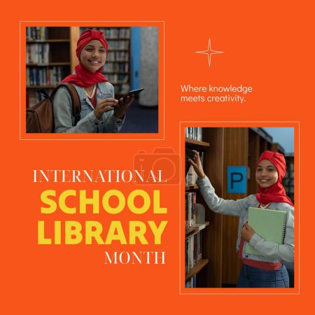 Photo for Collage of biracial woman in hijab with tablet in library, international school library month text. Composite, where knowledge meets creativity, education, book, technology and celebration concept. - Royalty Free Image