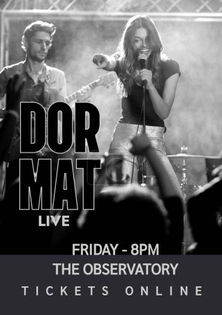 Photo for Dor mat live, friday 8pm, the observatory, tickets online text over caucasian woman singing on stage. Composite, music festival, art, event, poster, band, advertisement, template, concert, design. - Royalty Free Image