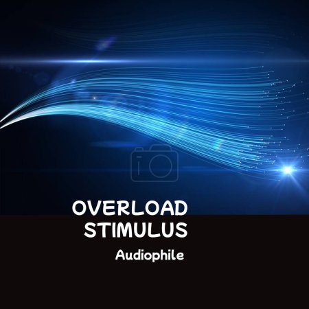 Photo for Composition of overload stimulus audiophile text over blue light trails on black background. Colour, art, music album cover and design concept digitally generated image. - Royalty Free Image