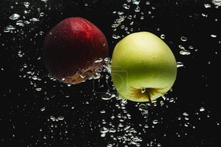 Photo for Close up of apples falling into water with copy space on black background. Fruit, food, freshness and colour concept. - Royalty Free Image