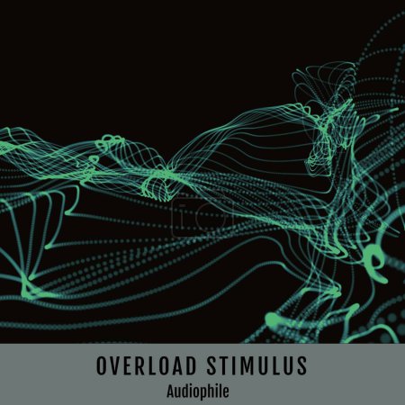 Photo for Composition of overload stimulus audiophile text over green waves on black background. Colour, art, music album cover and design concept digitally generated image. - Royalty Free Image