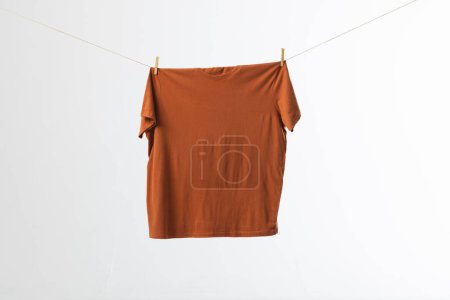 Téléchargez les photos : T-shirt marron suspendu à la ligne de vêtements avec chevilles et espace de copie sur fond blanc. Mode, vêtements, concept de couleur et de tissu. - en image libre de droit