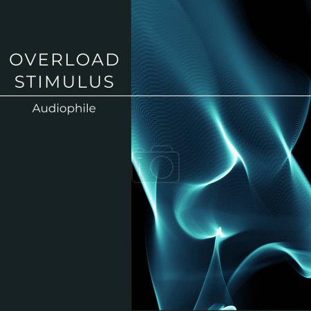 Photo for Composition of overload stimulus audiophile text over blue waves on black background. Colour, art, music album cover and design concept digitally generated image. - Royalty Free Image