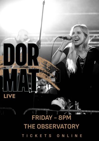 Photo for Dor mat live, friday 8pm, the observatory, tickets online text and caucasian woman singing on stage. Composite, music festival, art, event, poster, band, advertisement, template, concert, design. - Royalty Free Image