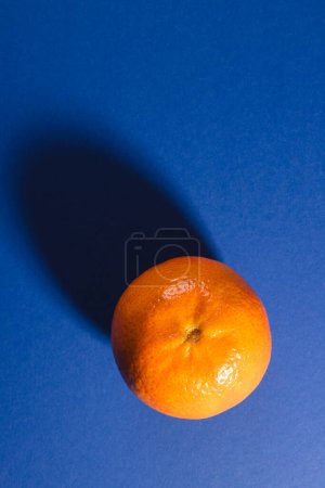 Foto de Primer plano de la mandarina y copiar el espacio en el fondo azul. Frutas, frutas exóticas, alimentos, frescura y concepto de color. - Imagen libre de derechos