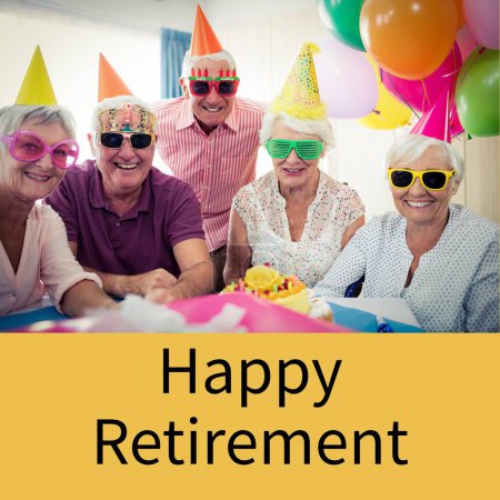 Photo for Composition of happy retirement text over senior caucasian people in party hats. Retirement, senior lifestyle and happiness concept digitally generated image. - Royalty Free Image