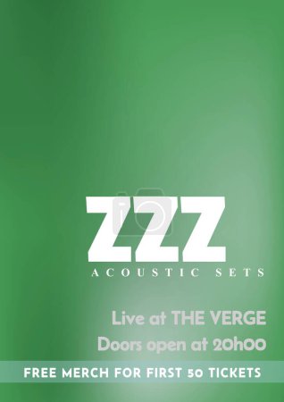 Photo for Illustration of zzz acoustic sets, live at the verge doors open to 20h00 text on green background. Free merch for first 50 tickets, music festival, event, poster, banner, advertisement, template. - Royalty Free Image