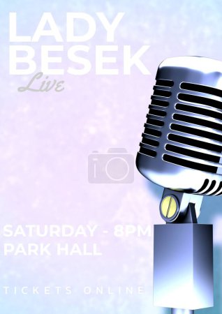 Photo for Illustration of microphone and lady besek live, saturday 8pm park hall, tickets online text. Music festival, art, event, poster, banner, advertisement, template and design concept. - Royalty Free Image