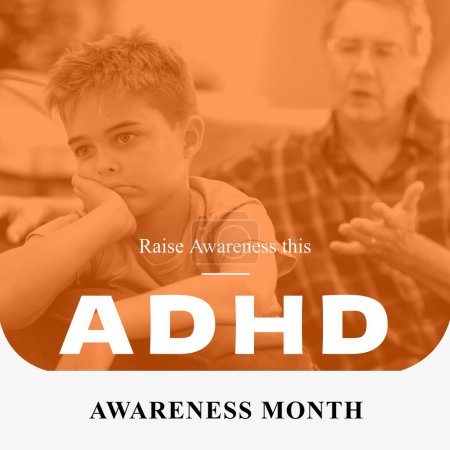 Photo for Adhd raise awareness text on orange with sad caucasian boy and grandfather. Attention deficit hyperactivity disorder, mental health awareness month campaign, digitally generated image. - Royalty Free Image