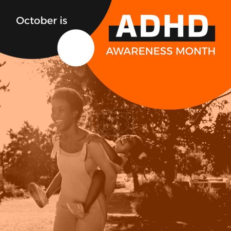 Photo for Adhd awareness month text with happy african american mother and daughter in garden. Attention deficit hyperactivity disorder, mental health awareness october campaign, digitally generated image. - Royalty Free Image