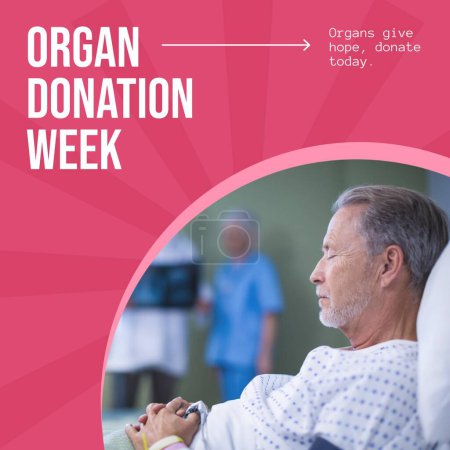 Photo for Organ donation week text and senior caucasian man sitting in hospital bed, on pink. Organ donation medical health awareness week, organs give hope, donate today campaign, digitally generated image. - Royalty Free Image