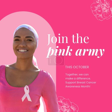 Photo for Breast cancer awareness month text with happy biracial woman with ribbon on pink t shirt. Breast cancer health awareness month, join the pink army campaign, digitally generated image. - Royalty Free Image