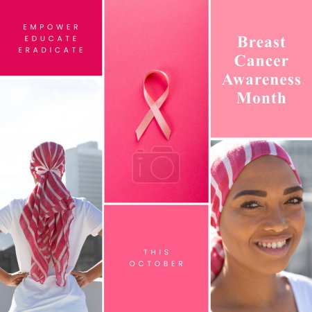 Photo for Breast cancer awareness month text with ribbon and smiling biracial woman in pink headscarf. Breast cancer health awareness month, empower, educate, eradicate campaign, digitally generated image. - Royalty Free Image