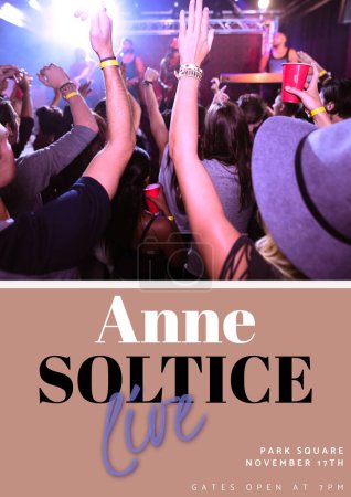 Photo for Anne soltice live, park square, november 17th, gates open at 7pm, diverse people enjoying at concert. Composite, text, rock band, music festival, art, event, poster, advertisement, template, design. - Royalty Free Image