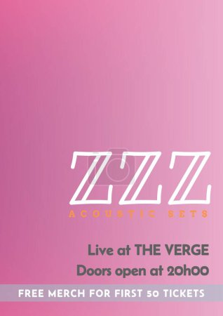 Photo for Illustration of zzz acoustic sets, live at the verge doors open to 20h00 text on pink background. Free merch for first 50 tickets, music festival, event, poster, banner, advertisement, template. - Royalty Free Image