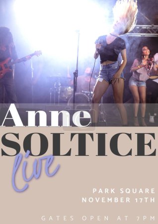 Photo for Anne soltice live, park square, november 17th text over diverse rock band performing on stage. Composite, gates open at 7pm, rock band, music festival, art, event, poster, advertise, template, design. - Royalty Free Image