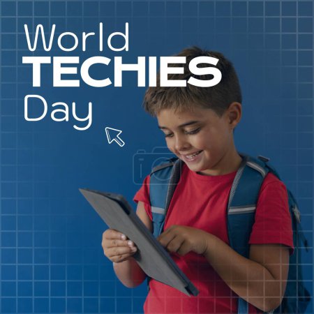 Photo for World techies day text over happy caucasian schoolboy using tablet, on blue. Global celebration campaign promoting importance of technology in society, digitally generated image. - Royalty Free Image