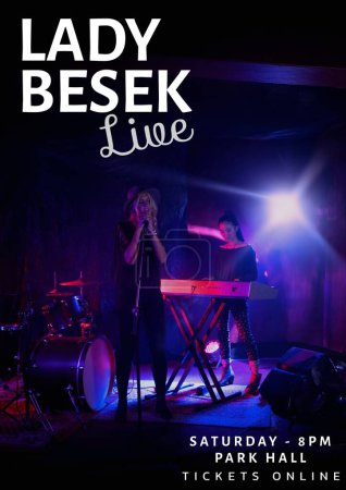 Photo for Caucasian people performing on stage, lady besek live, saturday 8pm park hall, tickets online text. Composite, music festival, art, event, poster, banner, advertisement, template and design. - Royalty Free Image