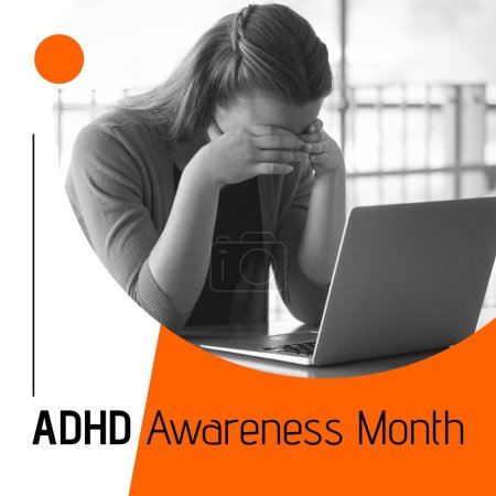 Photo for Adhd awareness month text on orange with distressed caucasian woman at desk with laptop. Attention deficit hyperactivity disorder, mental health awareness october campaign, digitally generated image. - Royalty Free Image