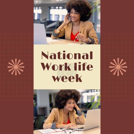 Photo for National work life week text with happy biracial businesswoman using laptop and having video call. Work life balance concept, national campaign digitally generated image. - Royalty Free Image