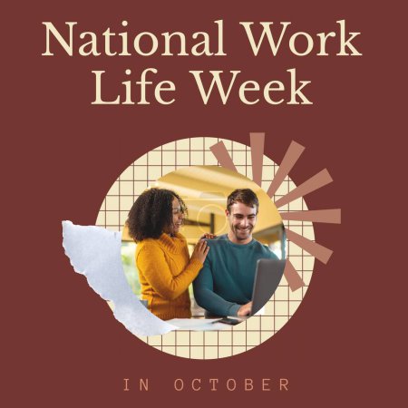 Photo for National work life week text with happy diverse couple using laptop together at home. Work life balance concept, october celebration campaign digitally generated image. - Royalty Free Image