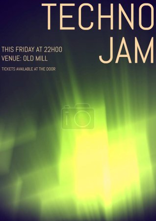 Photo for Techno jam, this friday at 22h00, venue old mill, on illuminated background, copy space. Tickets available at the door, illustration, music festival, event, poster, advertisement, template, text. - Royalty Free Image