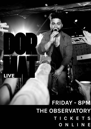 Photo for Dor mat live, friday 8pm, the observatory, tickets online text over biracial man singing at concert. Composite, music festival, art, event, poster, band, advertisement, template and design. - Royalty Free Image