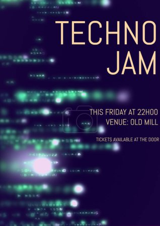 Photo for Techno jam, this friday at 22h00, venue old mill, tickets available at the door on illuminated codes. Illustration, music festival, art, event, poster, text, advertisement, template, design. - Royalty Free Image