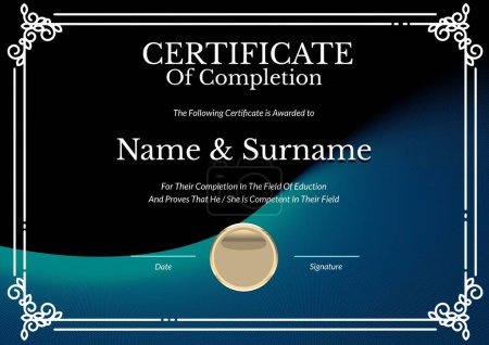Photo for Composition of certificate of completion text with copy space on blue and black background. Certificate, graduation and writing space concept digitally generated image. - Royalty Free Image