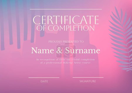 Photo for Composition of certificate of completion text with copy space on pink background. Certificate, graduation and writing space concept digitally generated image. - Royalty Free Image