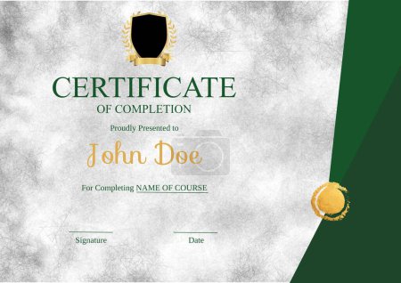 Photo for Composition of certificate of completion text in gold frame with copy space on grey background. Certificate, graduation and writing space concept digitally generated image. - Royalty Free Image