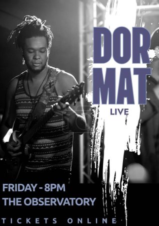Photo for Dor mat live, friday 8pm, the observatory, tickets online text, african american man playing guitar. Composite, music festival, concert, art, event, poster, band, advertisement, template, design. - Royalty Free Image