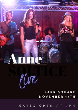 Photo for Anne soltice live, park square, november 17th, gates open at 7pm text over diverse people on stage. Composite, rock band, music festival, art, event, poster, advertisement, template and design. - Royalty Free Image
